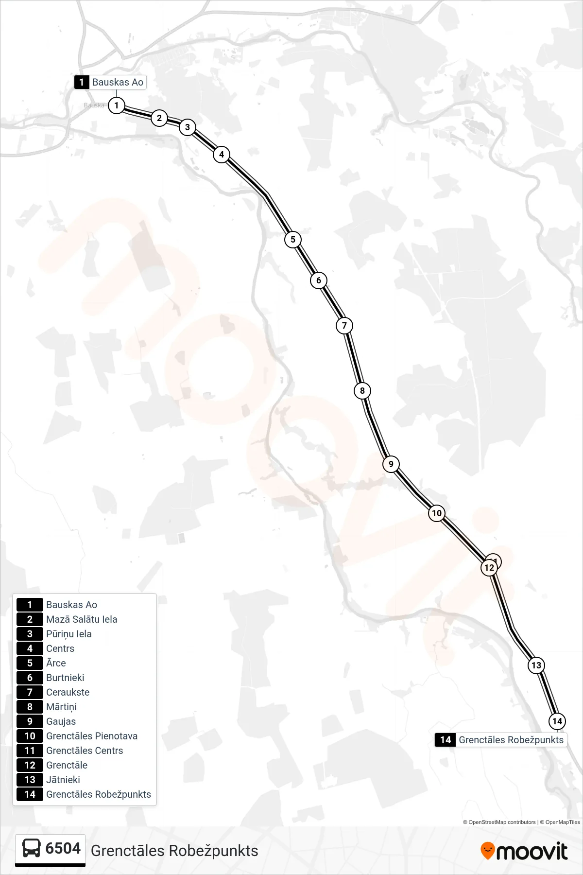 6504 bus Line (Grenctāles Robežpunkts) route and stops on a map