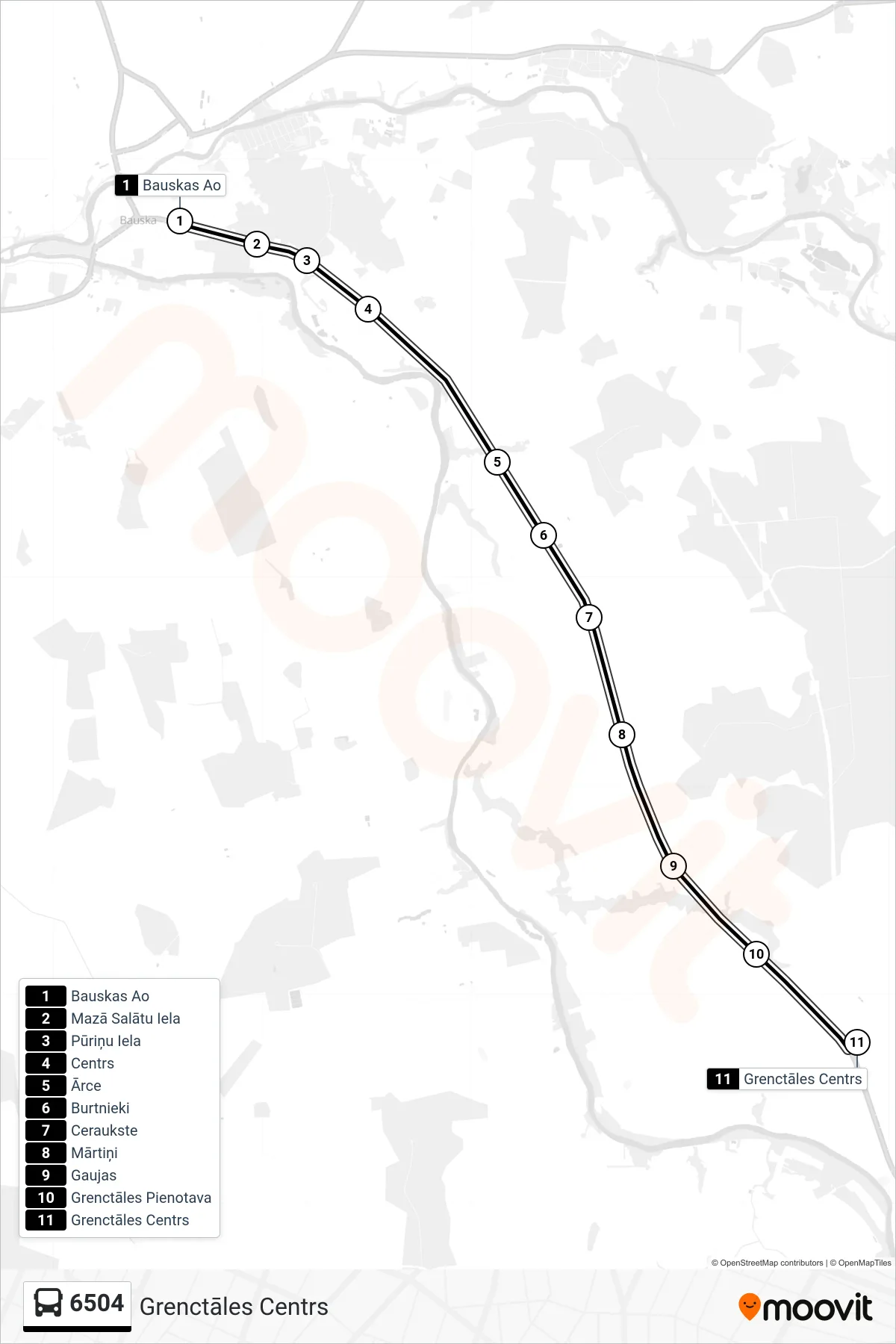 6504 bus Line (Grenctāles Centrs) route and stops on a map