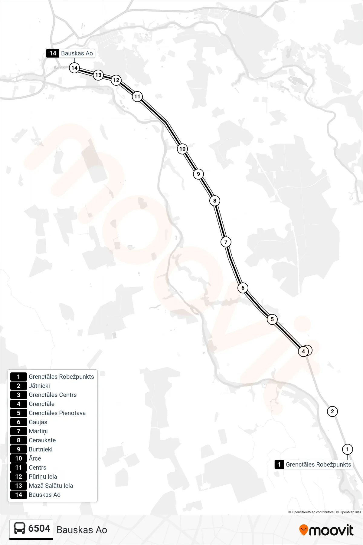 6504 bus Line (Bauskas Ao) route and stops on a map