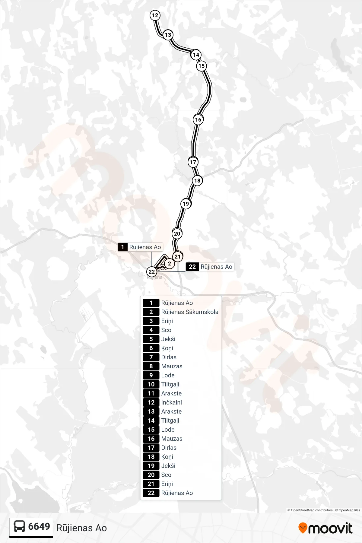 6649 bus Line (Rūjienas Ao) route and stops on a map