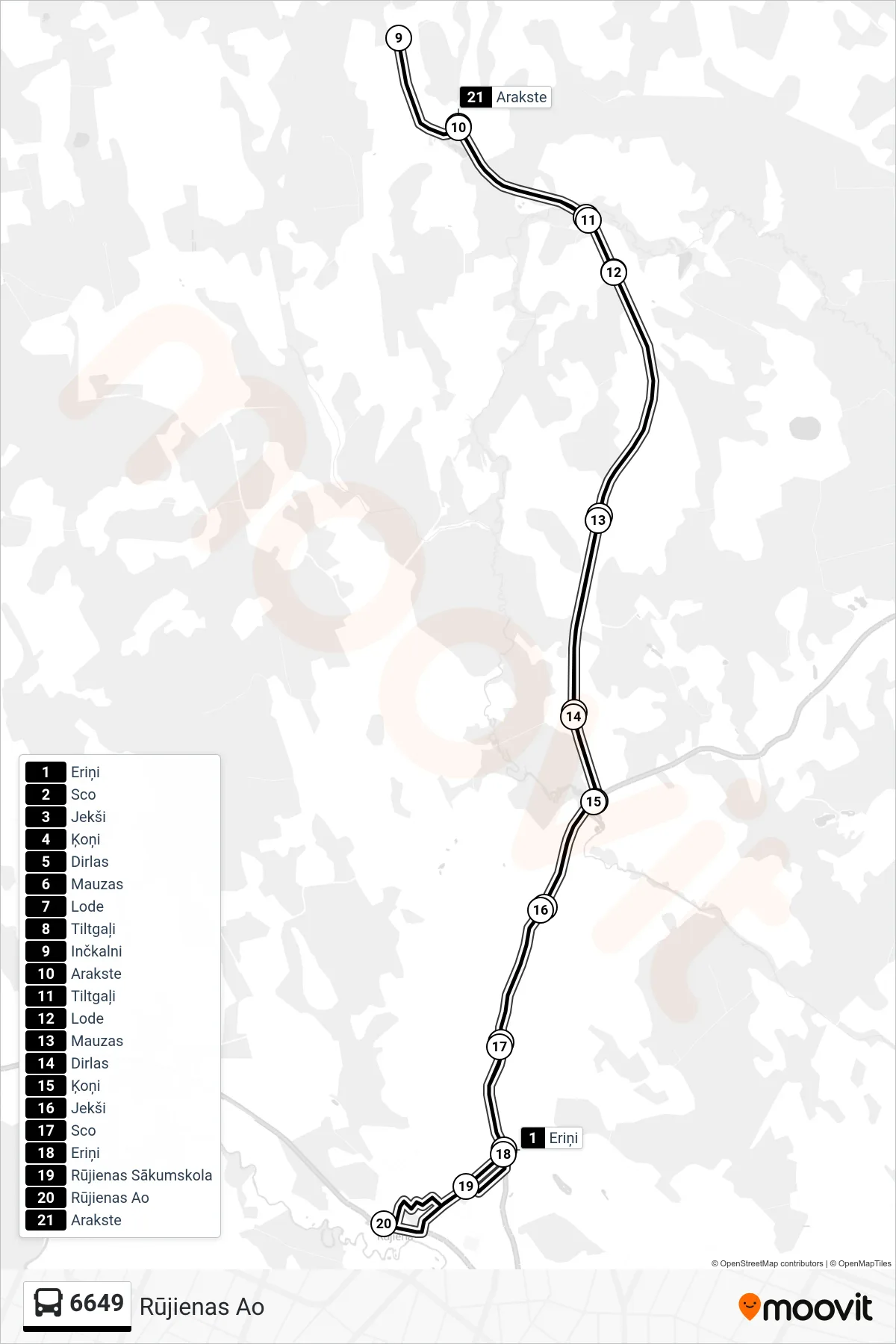 6649 bus Line (Rūjienas Ao) route and stops on a map