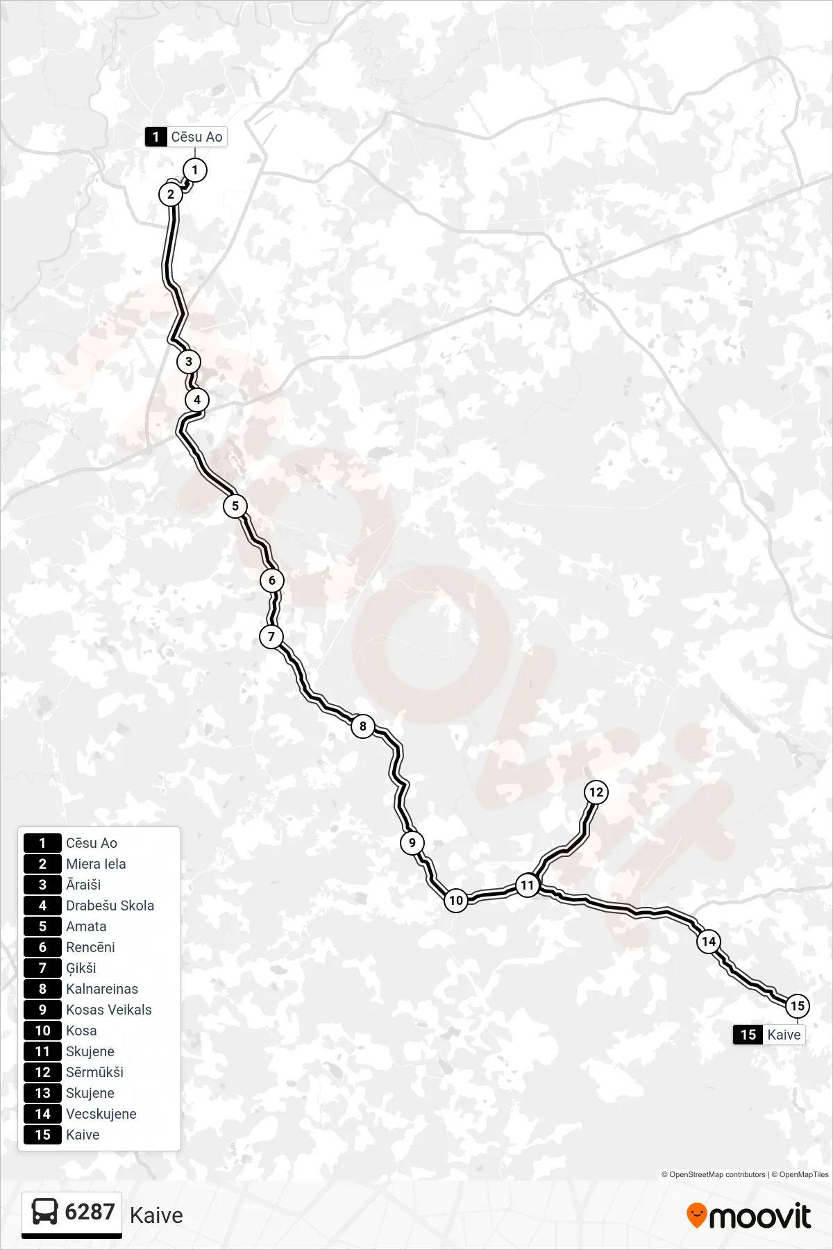 6287 bus Line (Kaive) route and stops on a map