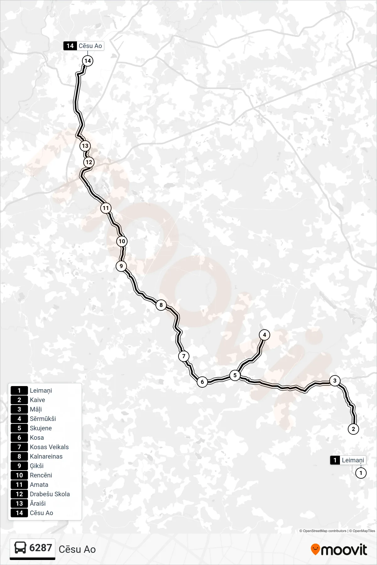 6287 bus Line (Cēsu Ao) route and stops on a map