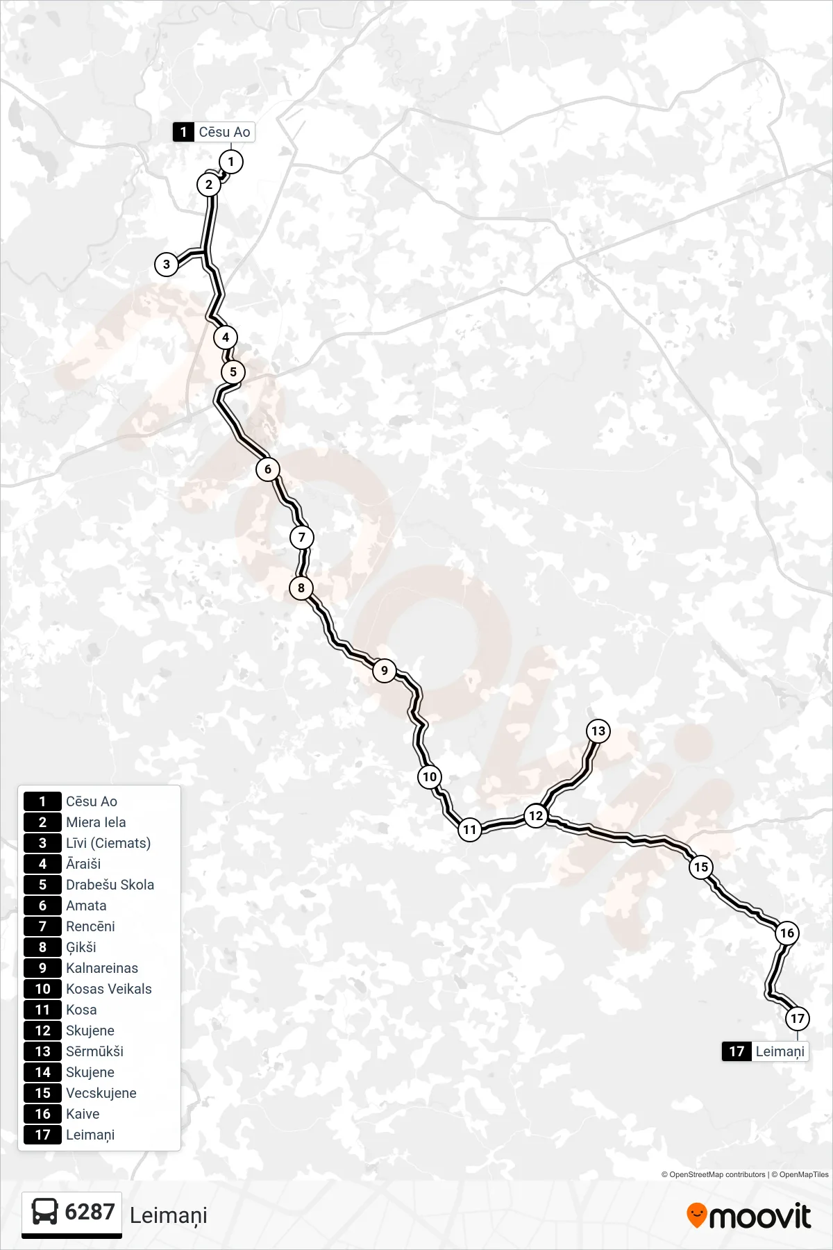 6287 bus Line (Leimaņi) route and stops on a map