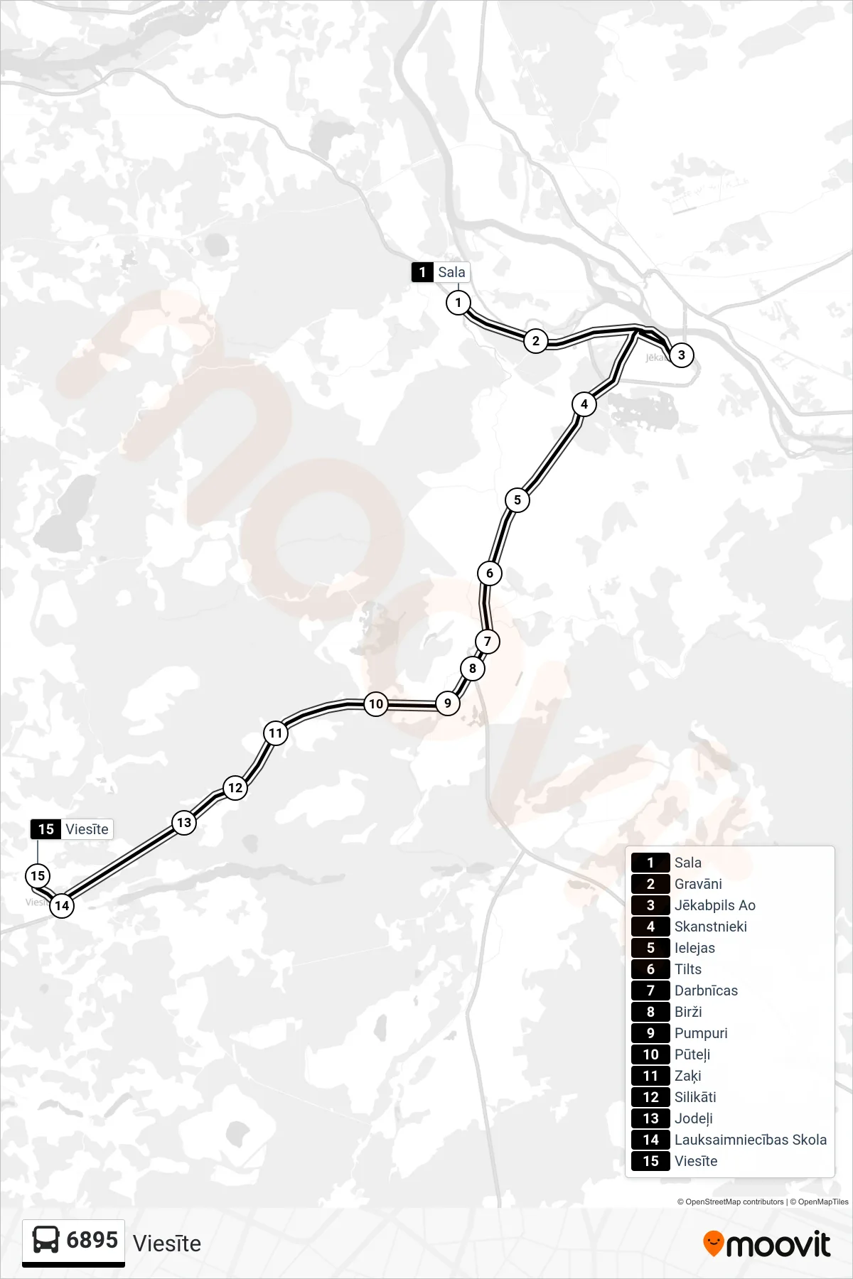 6895 bus Line (Viesīte) route and stops on a map