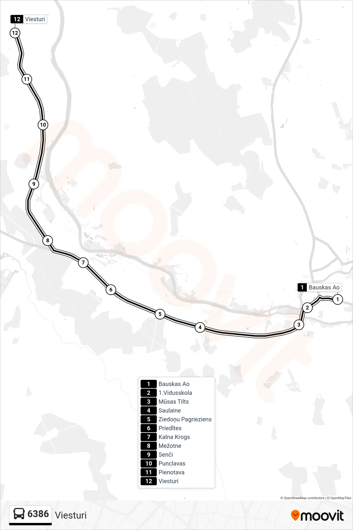 6386 bus Line (Viesturi) route and stops on a map