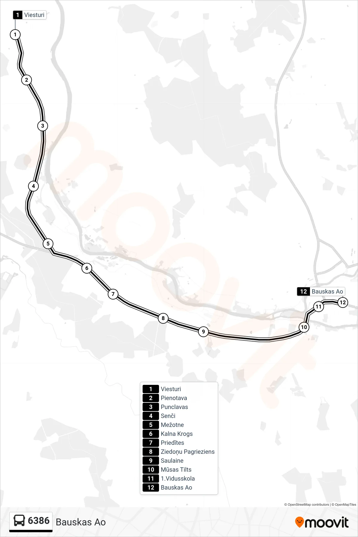 6386 bus Line (Bauskas Ao) route and stops on a map