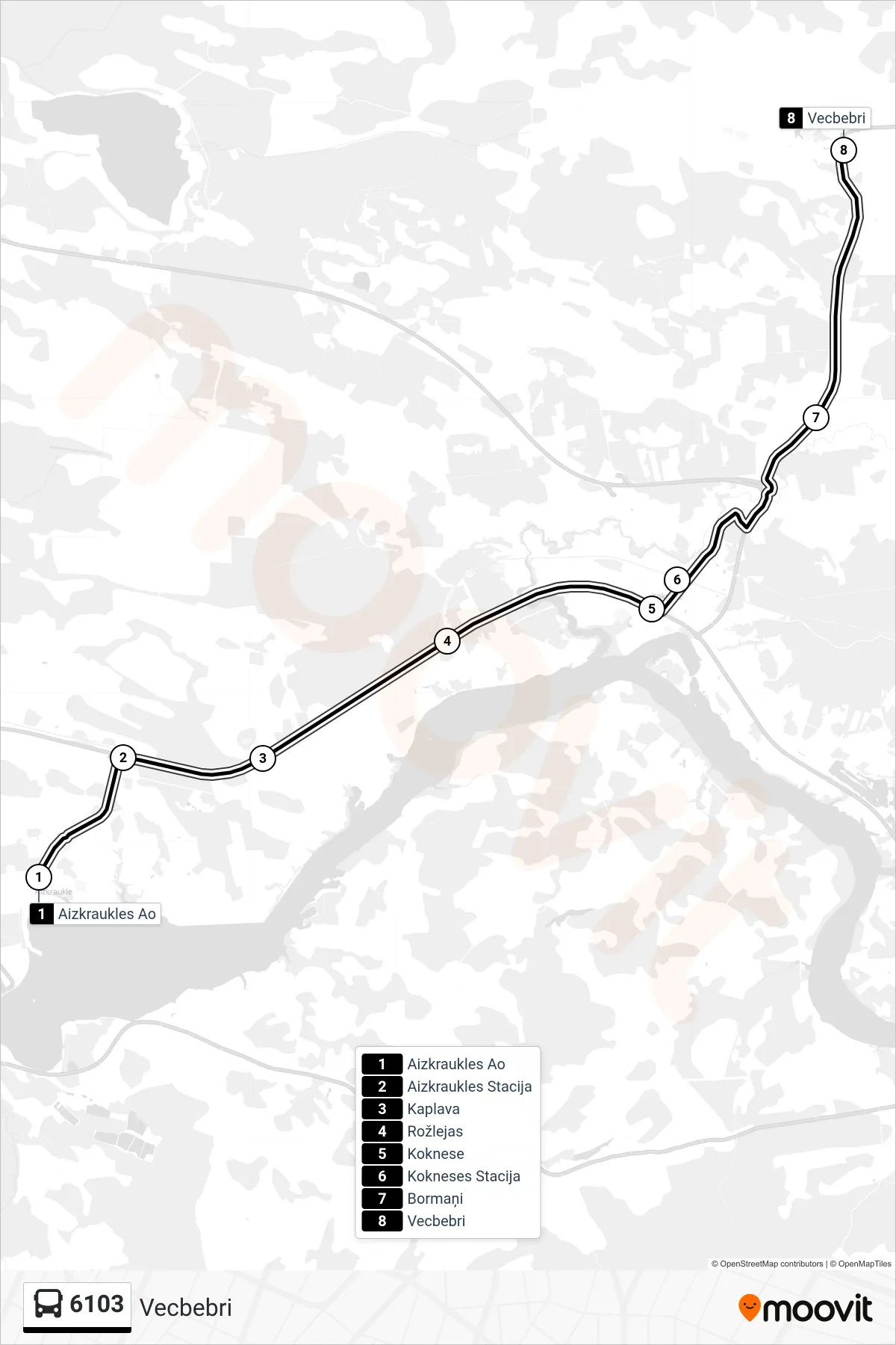 6103 bus Line (Vecbebri) route and stops on a map