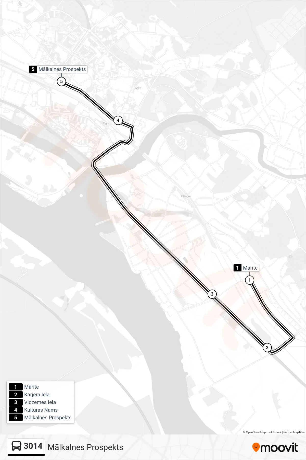 3014 bus Line (Mālkalnes Prospekts) route and stops on a map
