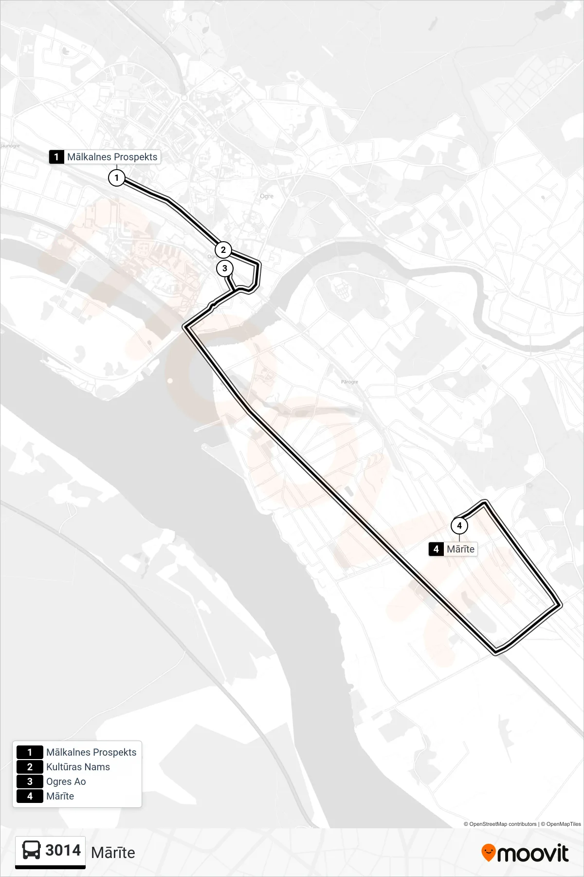 3014 bus Line (Mārīte) route and stops on a map