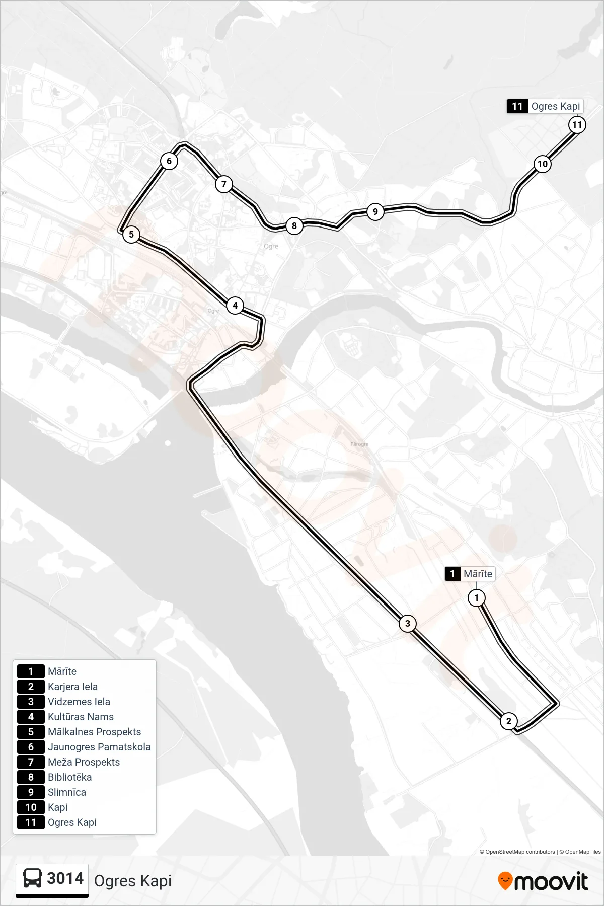 3014 bus Line (Ogres Kapi) route and stops on a map