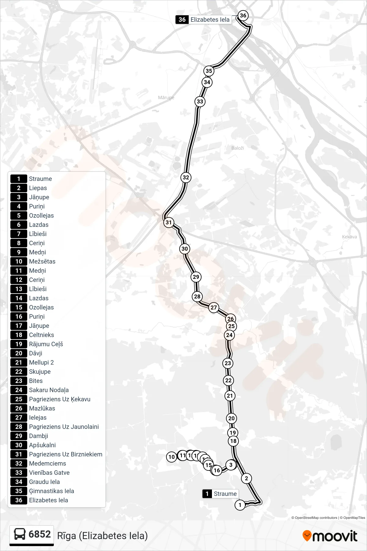 6852 bus Line (Rīga (Elizabetes Iela)) route and stops on a map