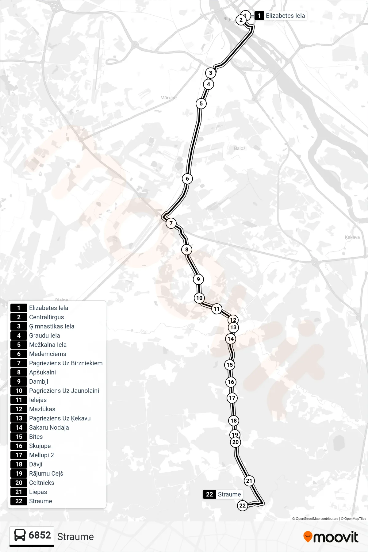 6852 bus Line (Straume) route and stops on a map