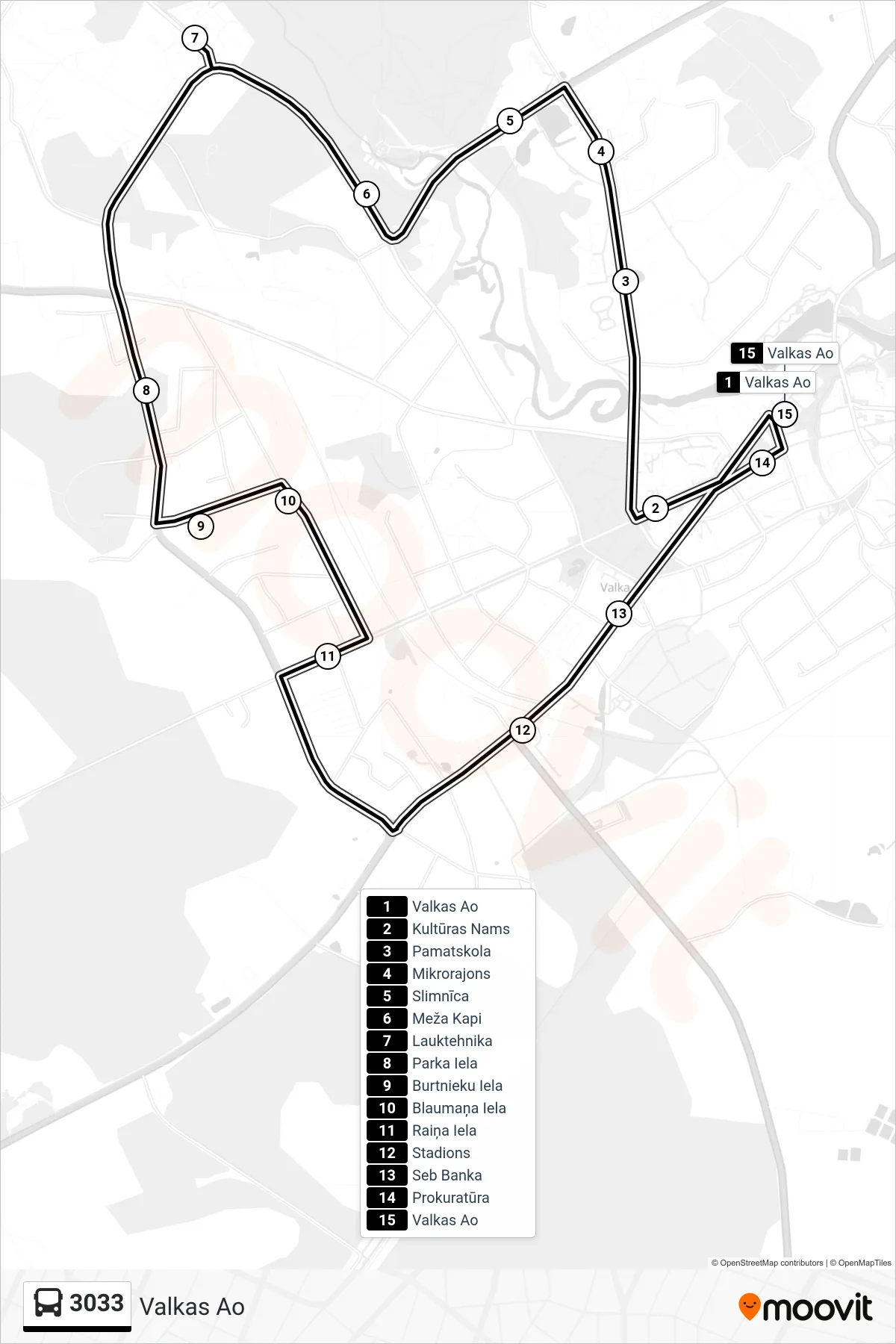 3033 bus Line (Valkas Ao) route and stops on a map