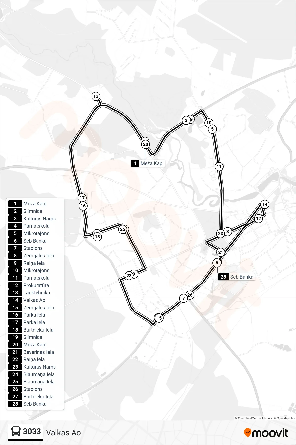 3033 bus Line (Valkas Ao) route and stops on a map