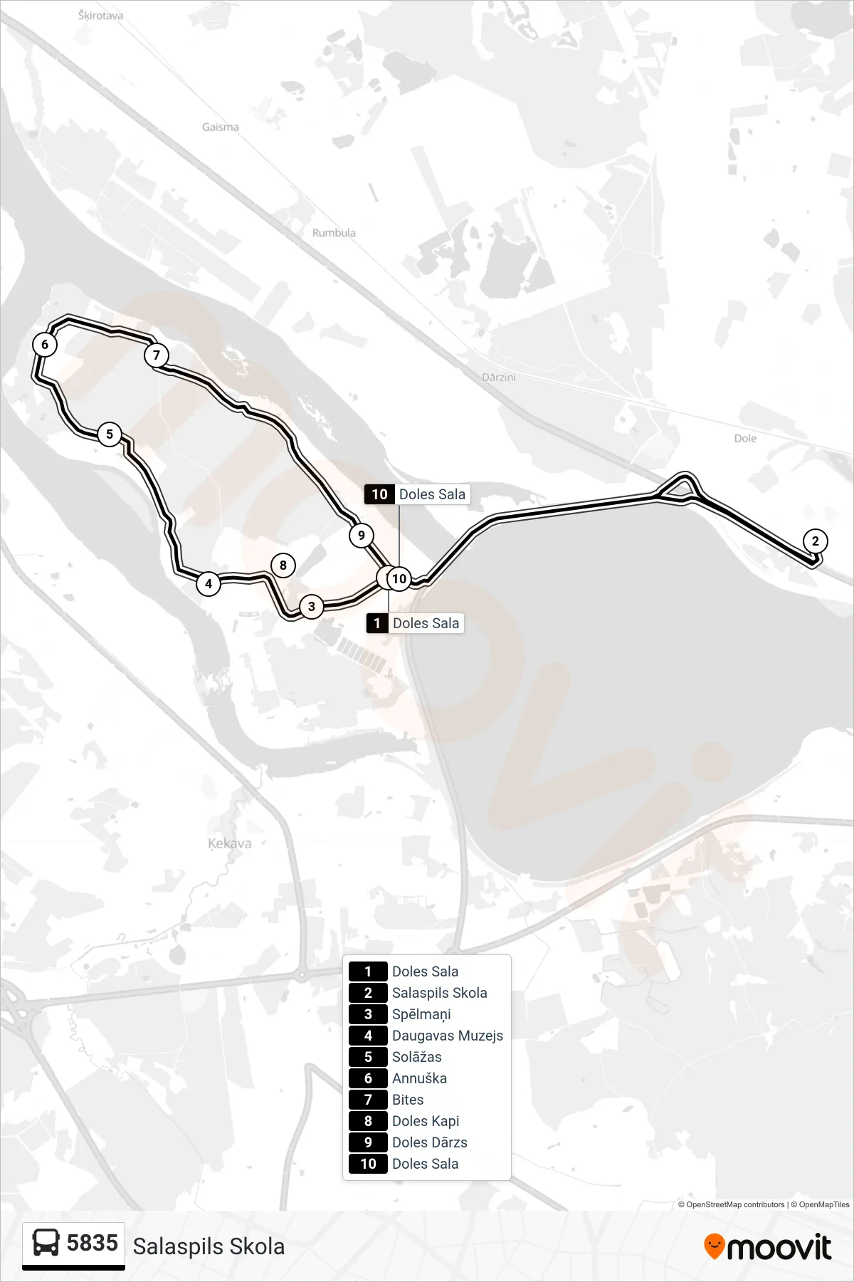 5835 bus Line (Salaspils Skola) route and stops on a map