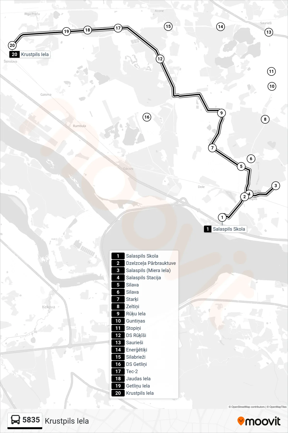 5835 bus Line (Krustpils Iela) route and stops on a map