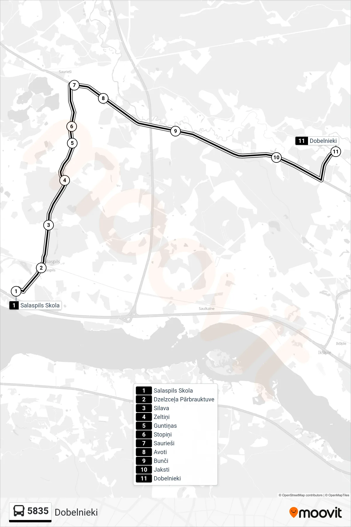5835 bus Line (Dobelnieki) route and stops on a map