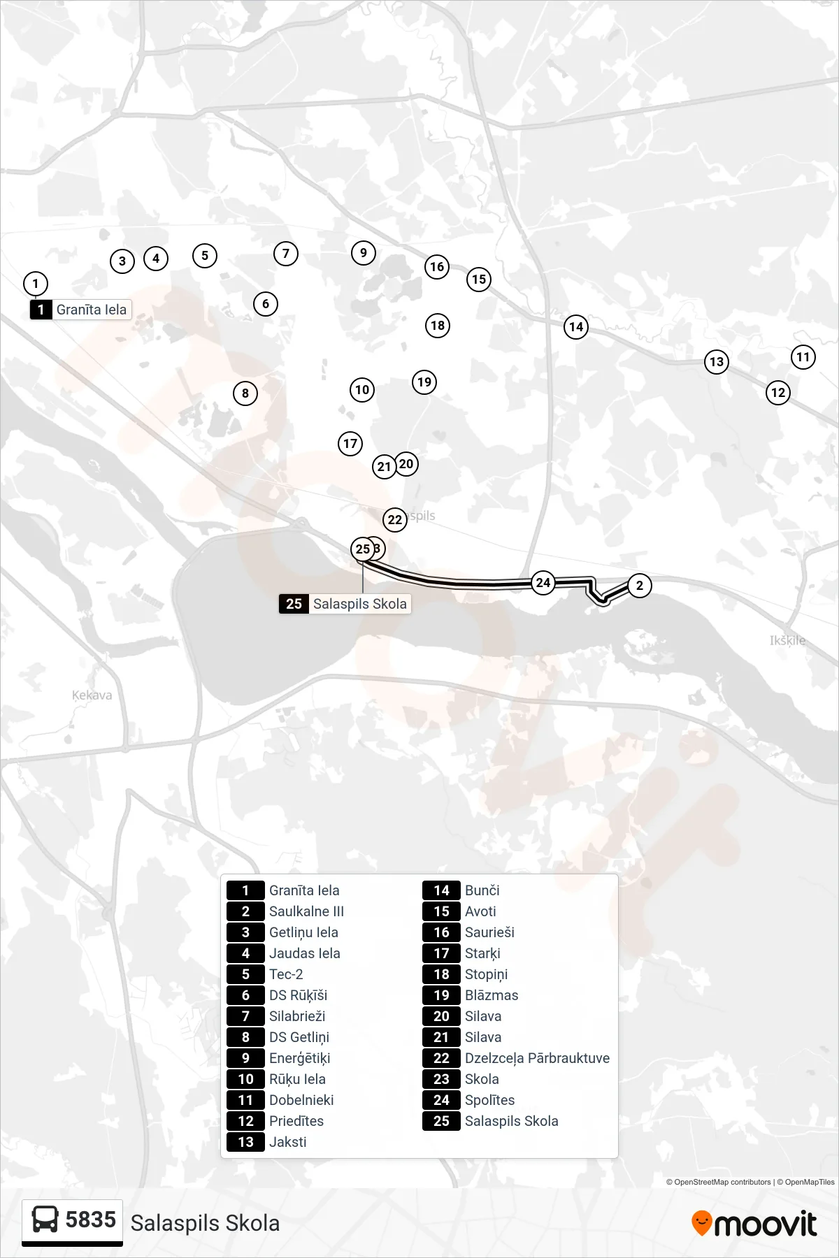 5835 bus Line (Salaspils Skola) route and stops on a map