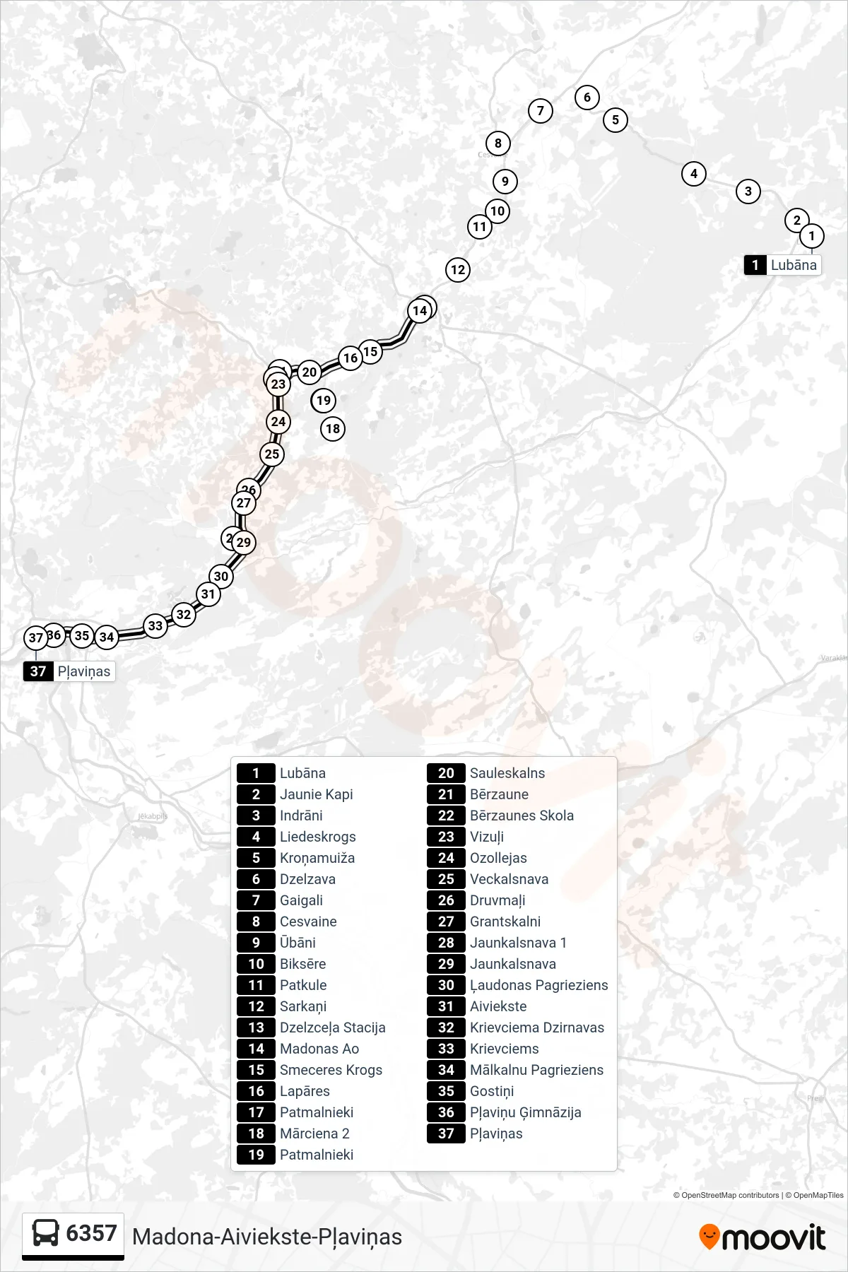6357 bus Line (Pļaviņas) route and stops on a map