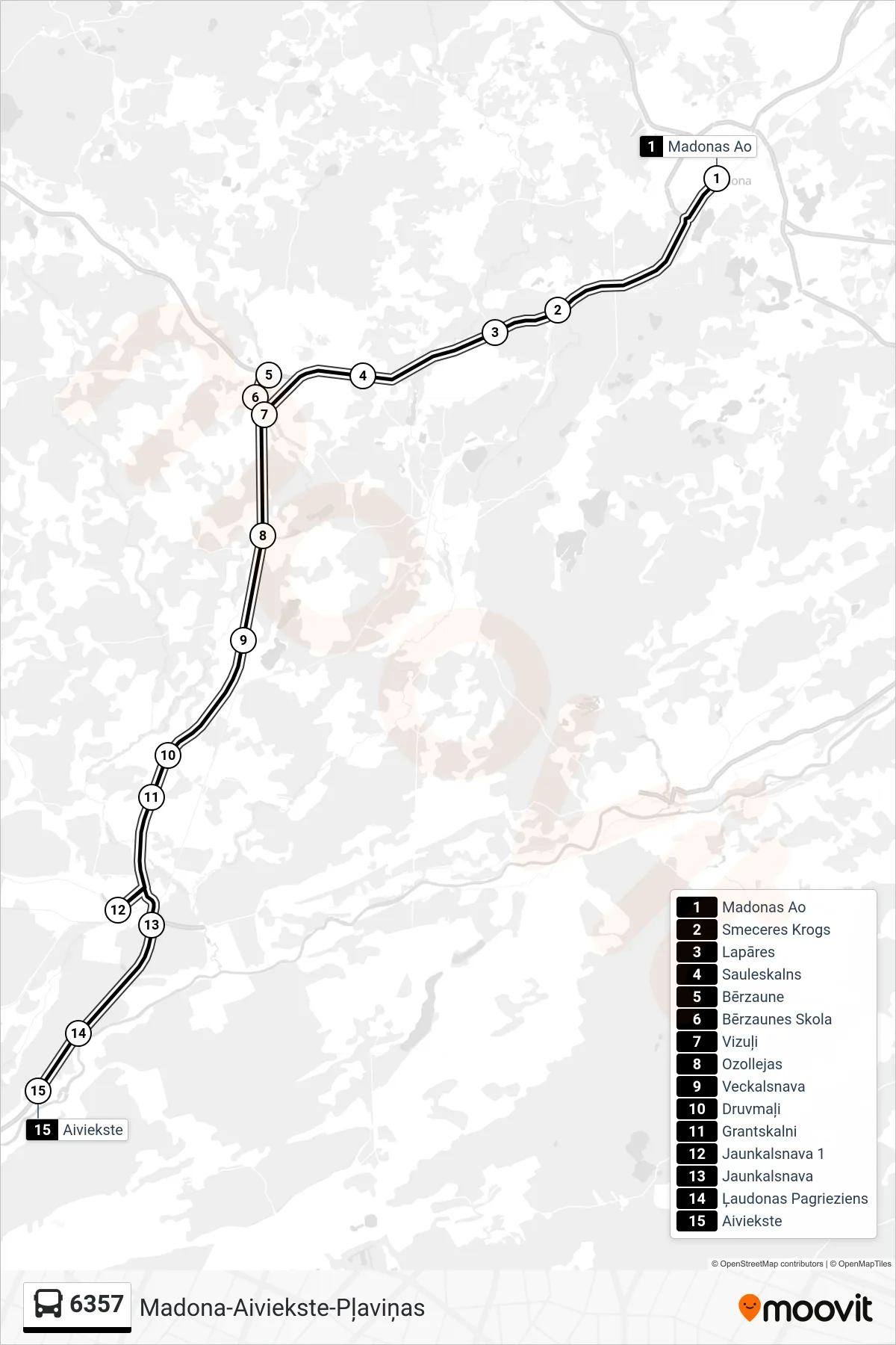 6357 bus Line (Aiviekste) route and stops on a map
