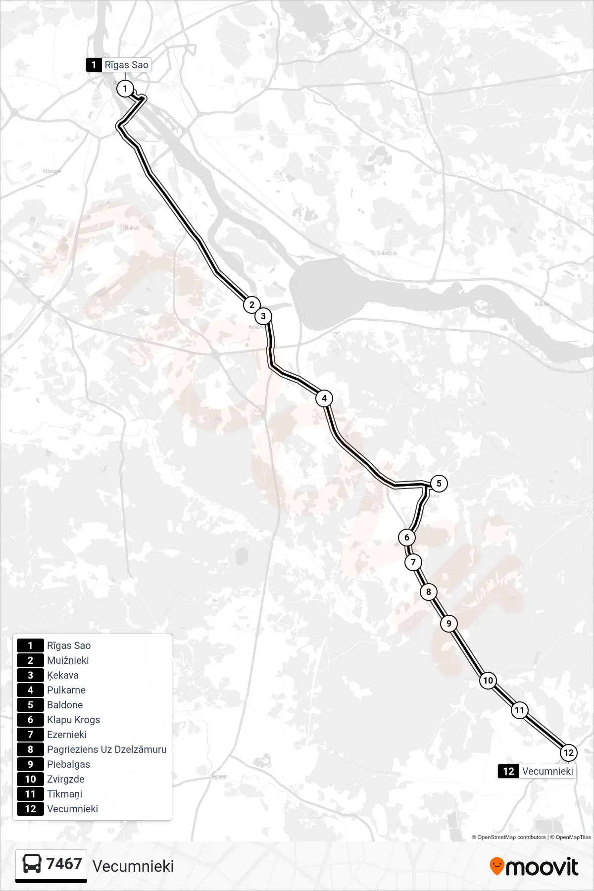 7467 bus Line (Vecumnieki) route and stops on a map