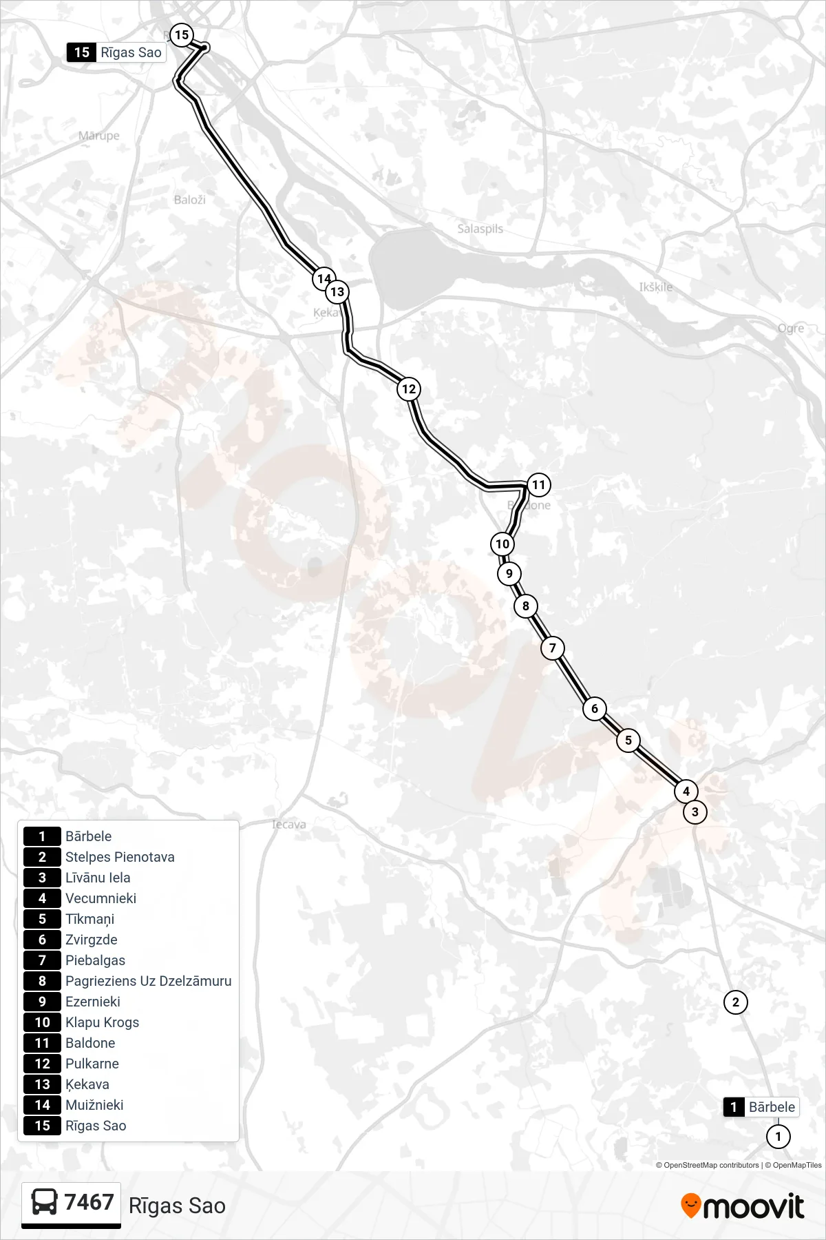 7467 bus Line (Rīgas Sao) route and stops on a map