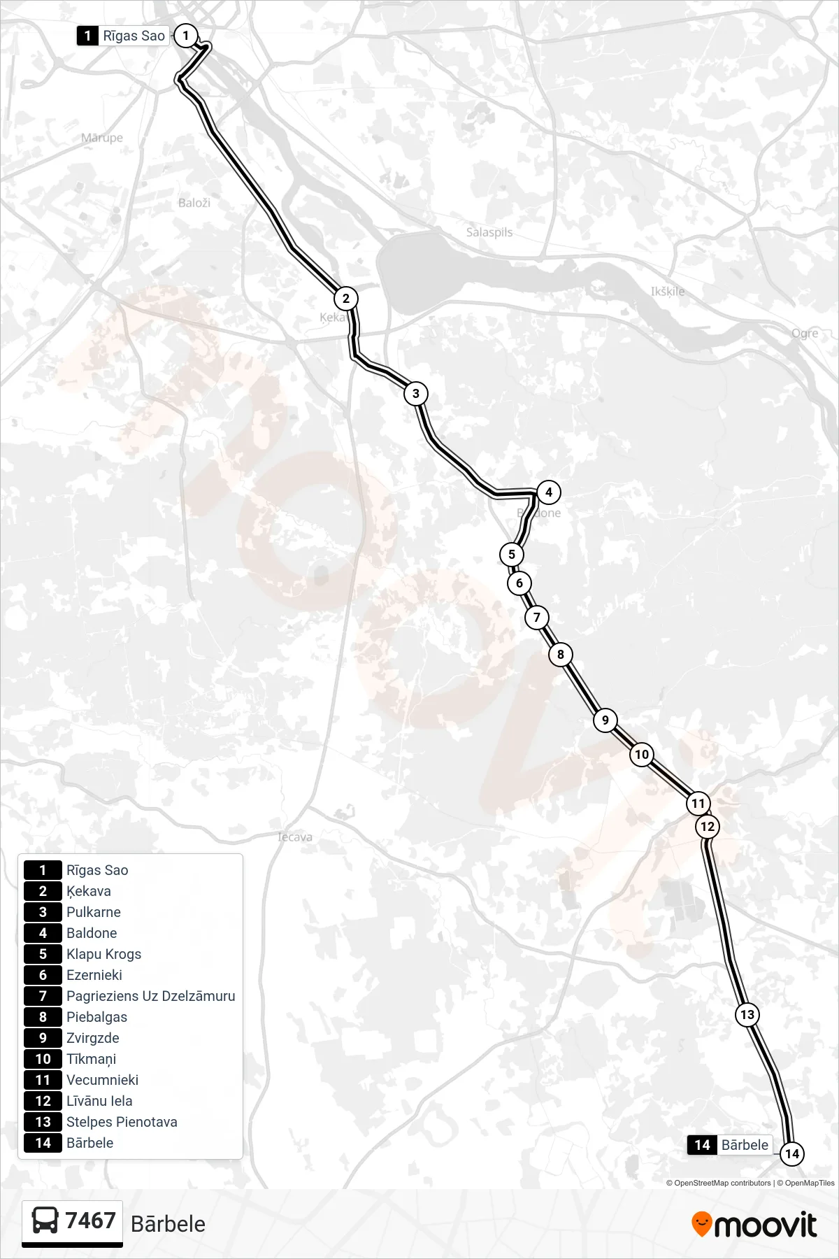 7467 bus Line (Bārbele) route and stops on a map