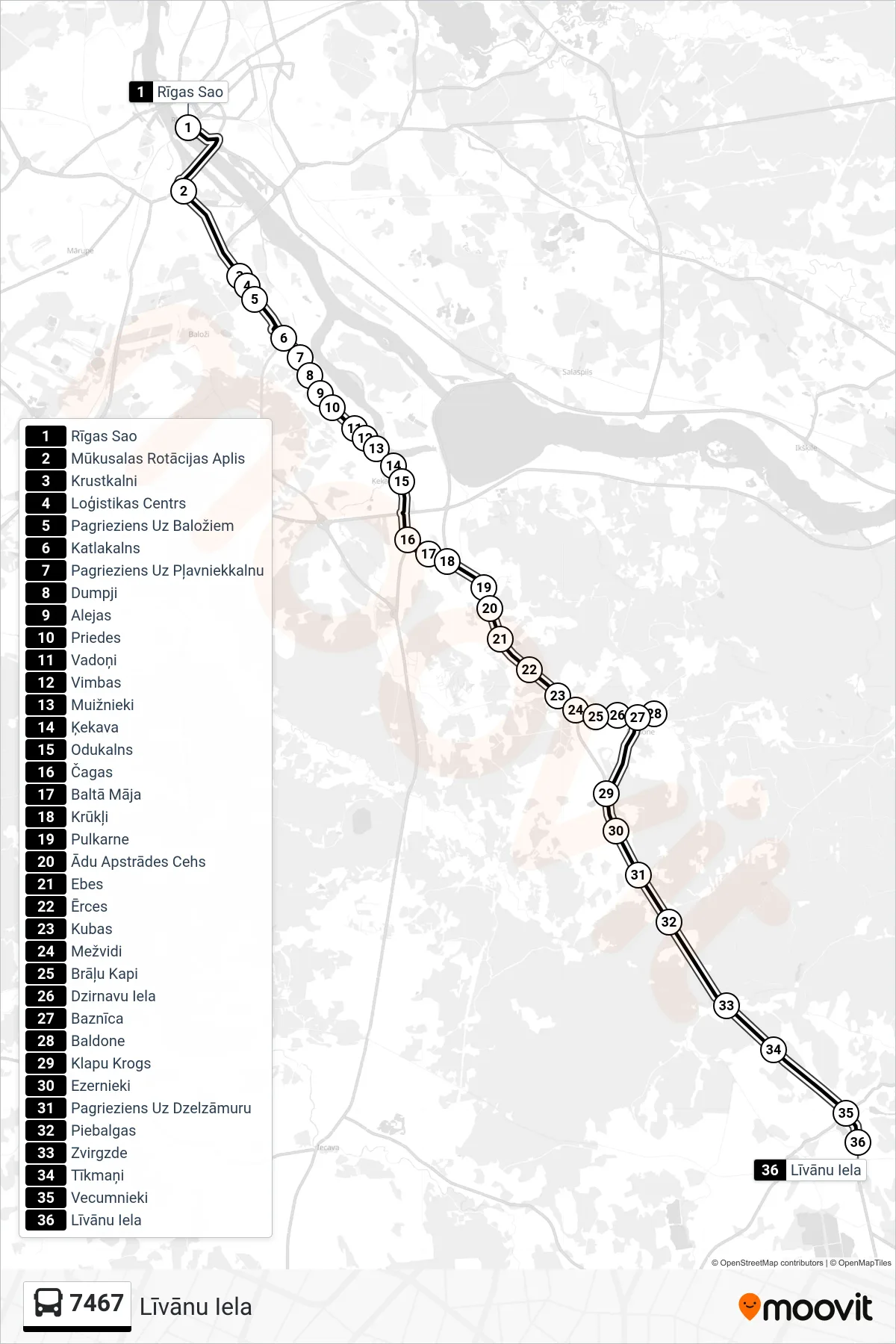 7467 bus Line (Līvānu Iela) route and stops on a map