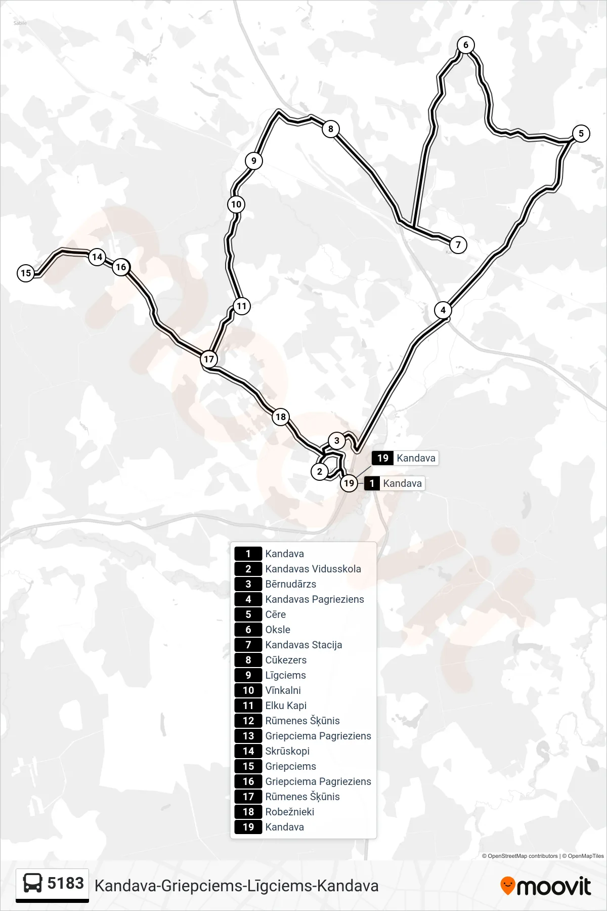 5183 bus Line (Kandava) route and stops on a map