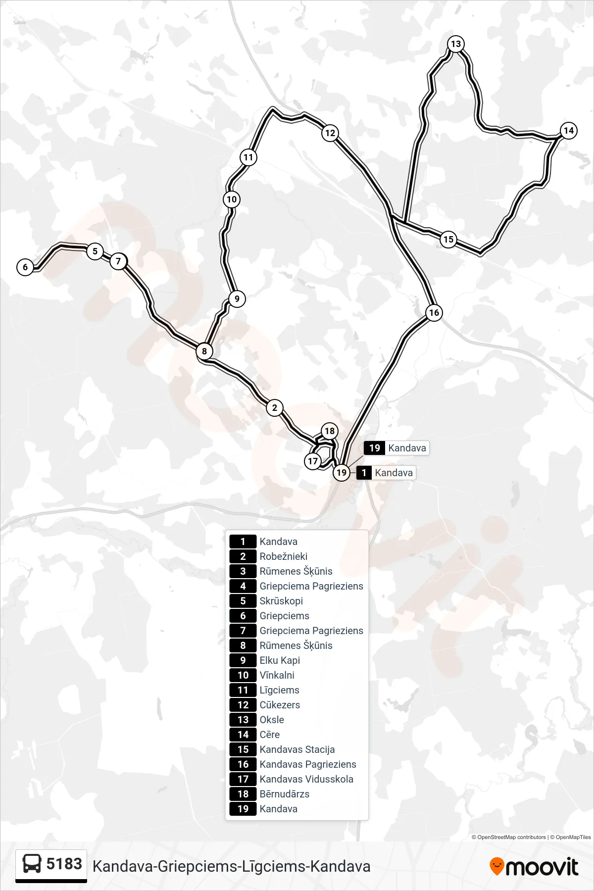 5183 bus Line (Kandava) route and stops on a map