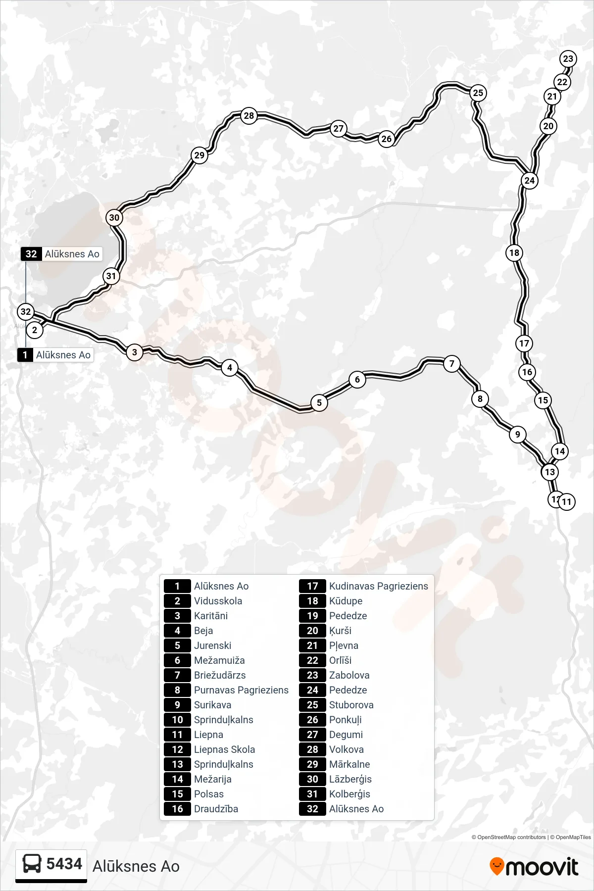 5434 bus Line (Alūksnes Ao) route and stops on a map