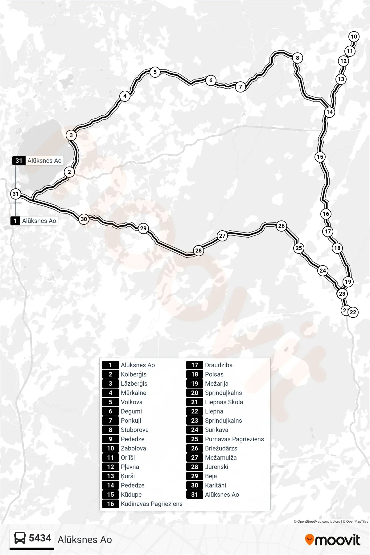 5434 bus Line (Alūksnes Ao) route and stops on a map