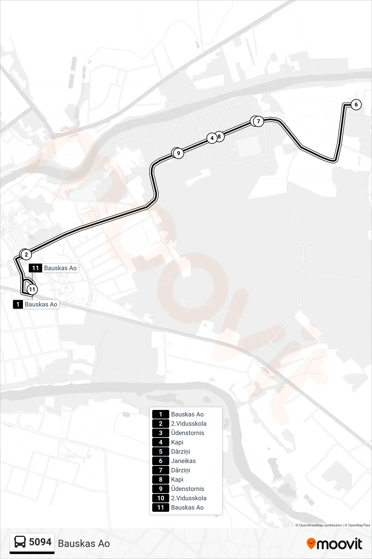 5094 bus Line (Bauskas Ao) route and stops on a map