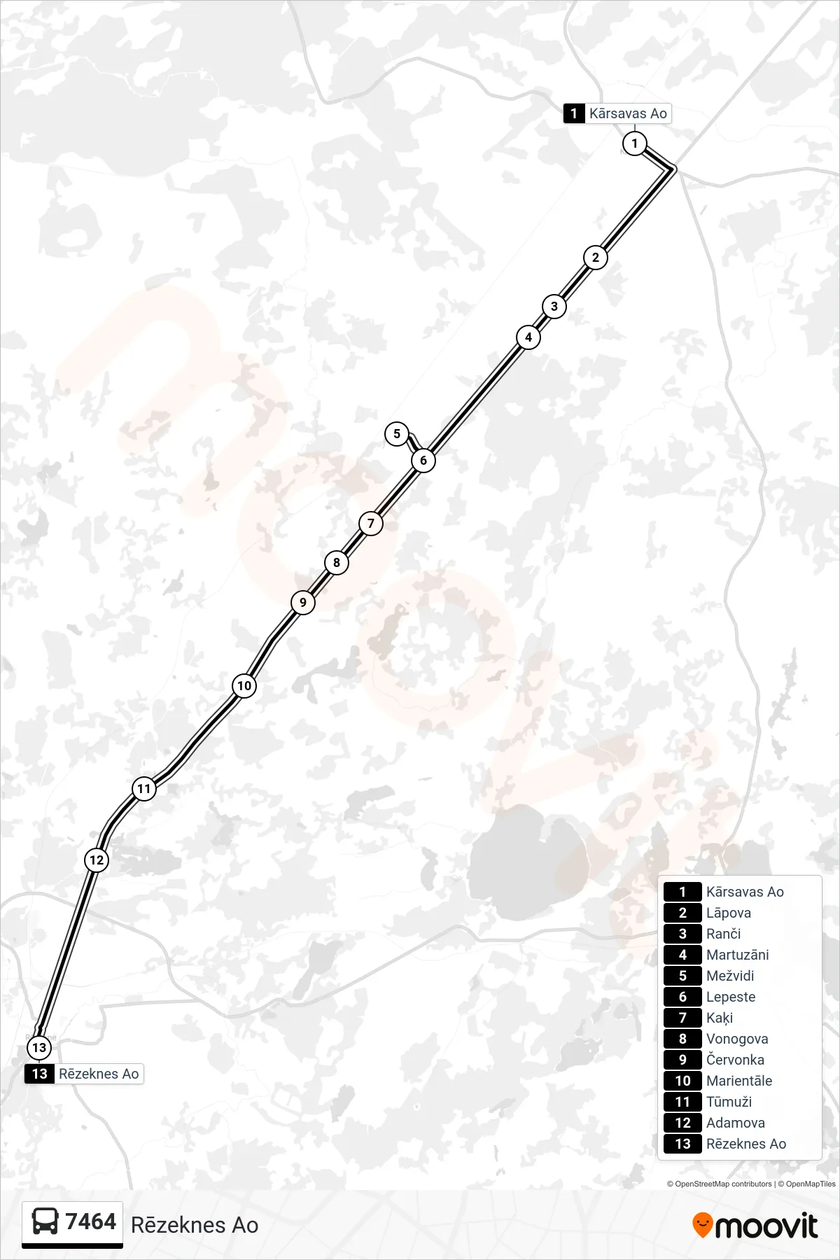 7464 bus Line (Rēzeknes Ao) route and stops on a map