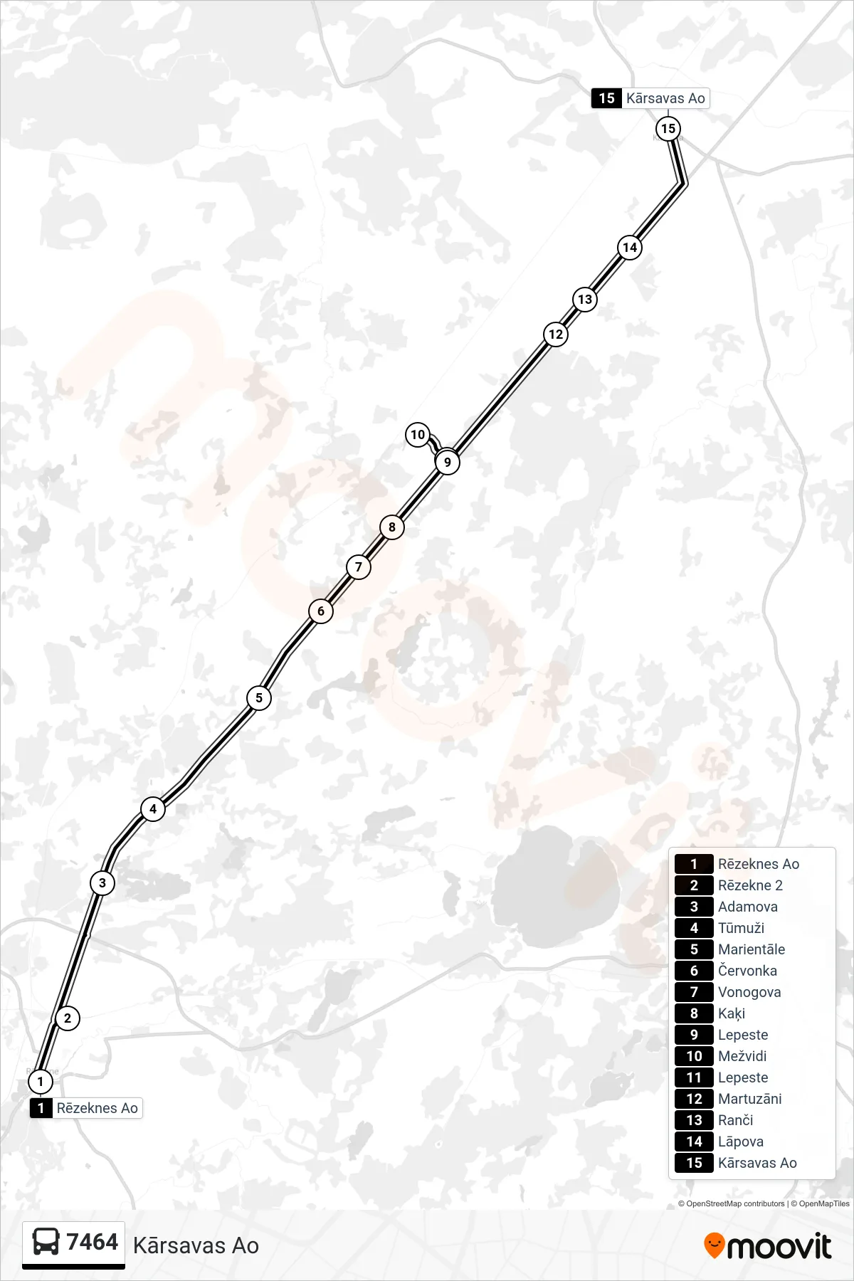 7464 bus Line (Kārsavas Ao) route and stops on a map