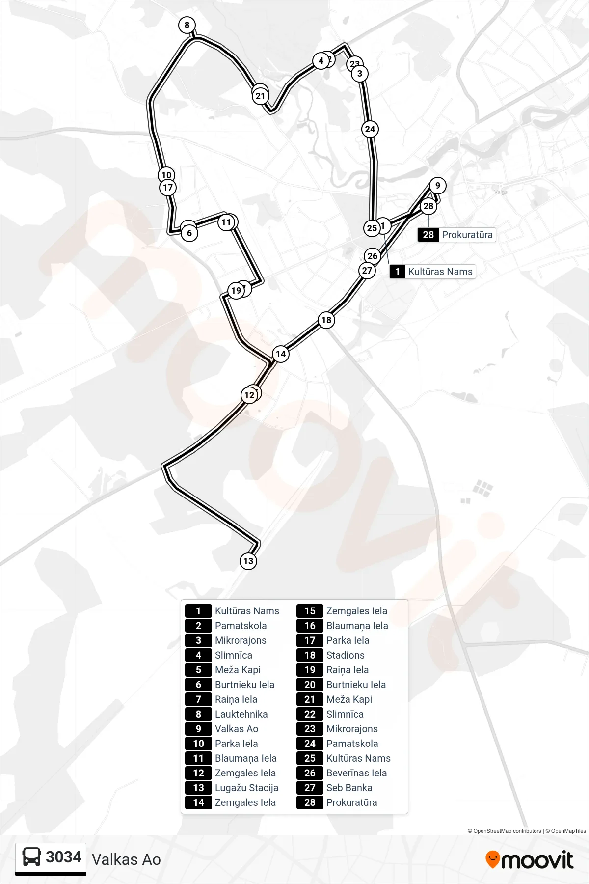 3034 bus Line (Valkas Ao) route and stops on a map