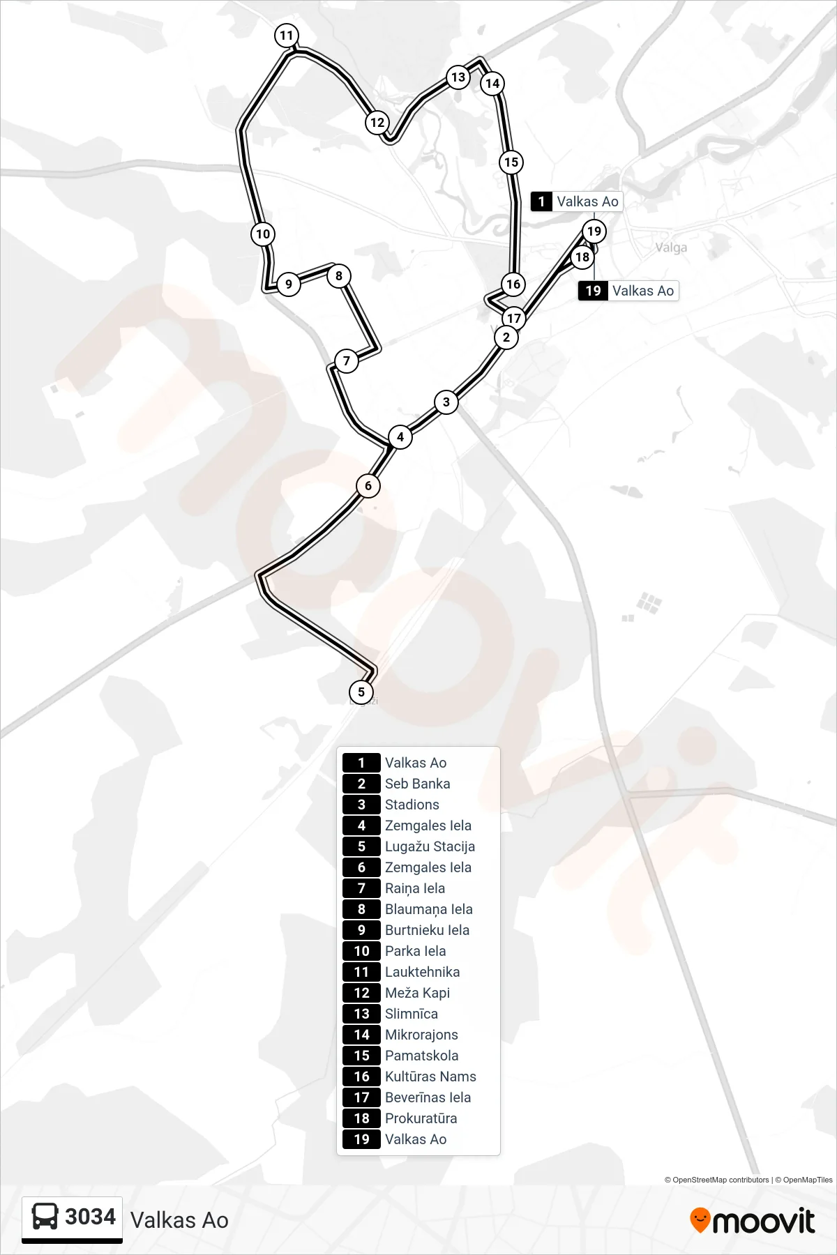 3034 bus Line (Valkas Ao) route and stops on a map