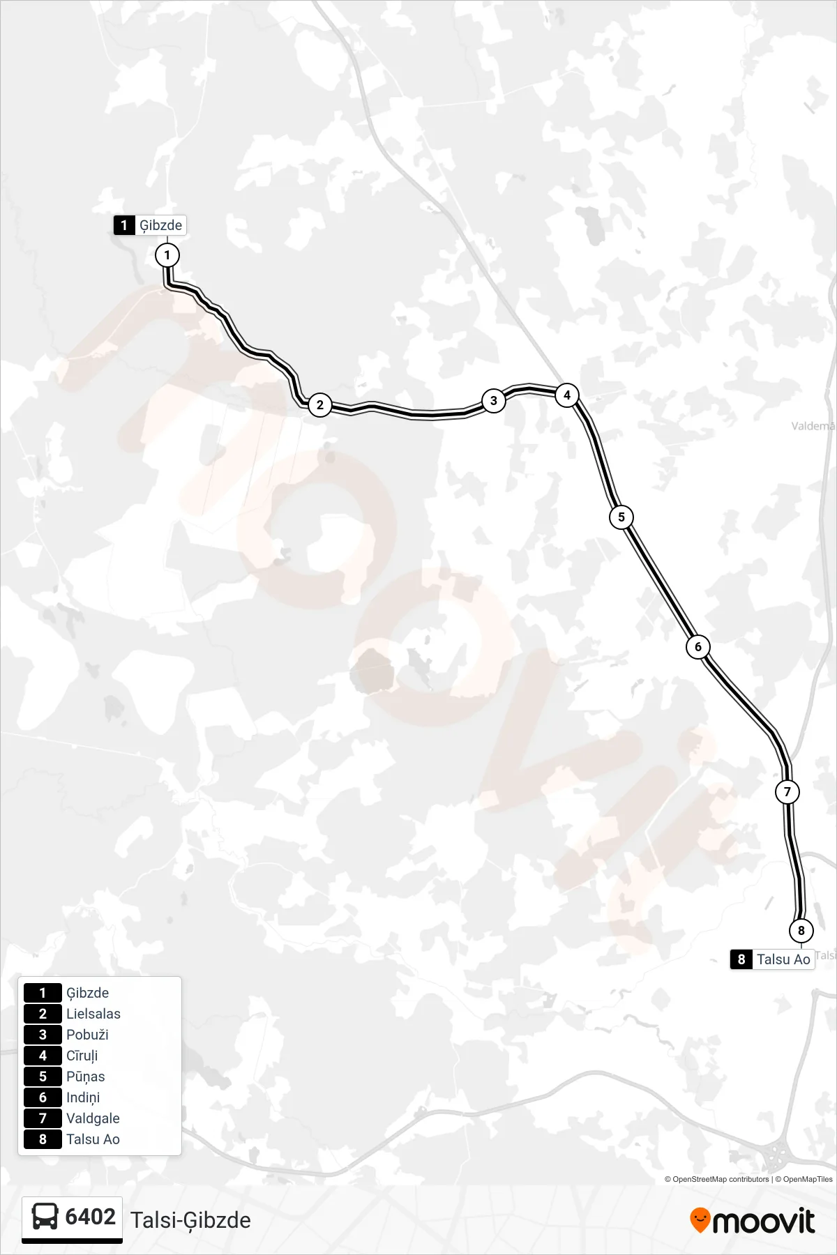 6402 bus Line (Talsu Ao) route and stops on a map