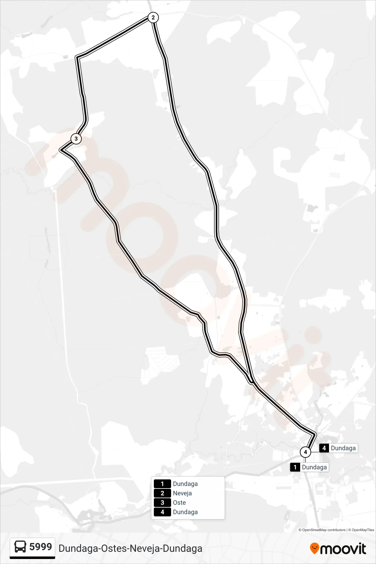 5999 bus Line (Dundaga) route and stops on a map