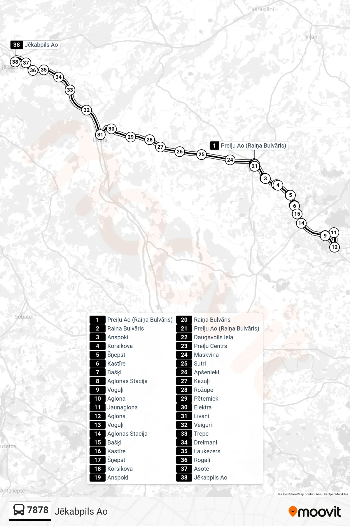 7878 bus Line (Jēkabpils Ao) route and stops on a map