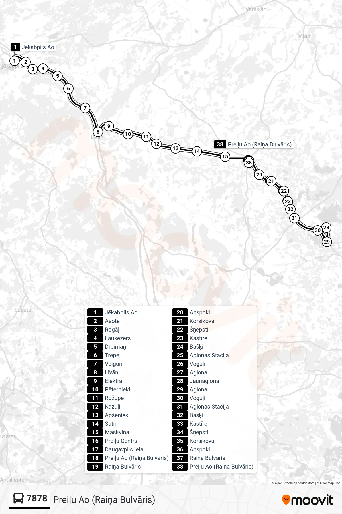 7878 bus Line (Preiļu Ao (Raiņa Bulvāris)) route and stops on a map