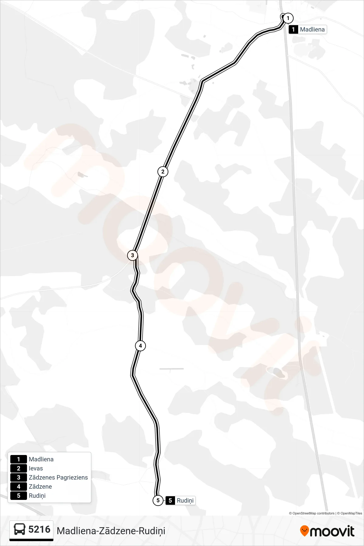 5216 bus Line (Rudiņi) route and stops on a map