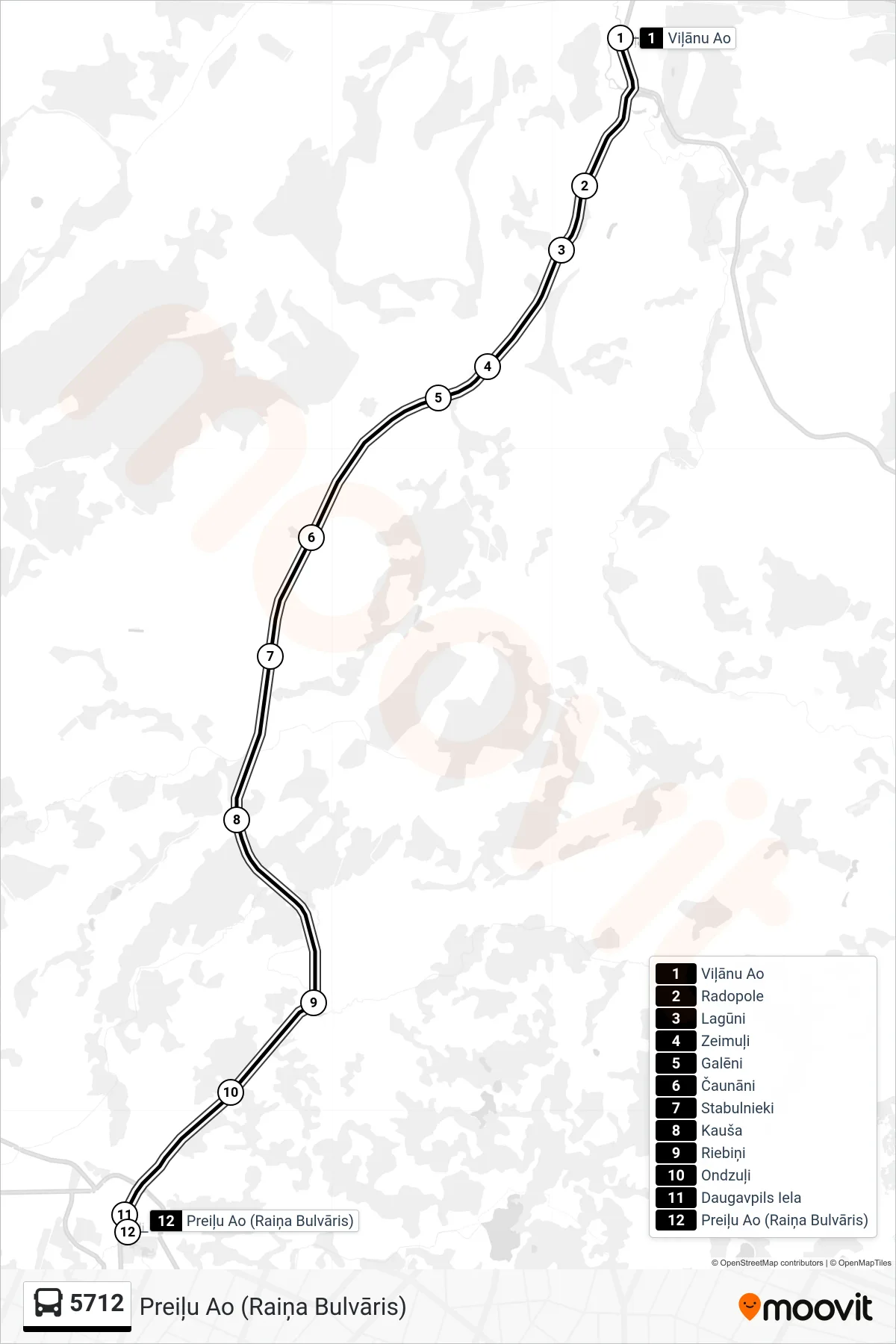 5712 bus Line (Preiļu Ao (Raiņa Bulvāris)) route and stops on a map