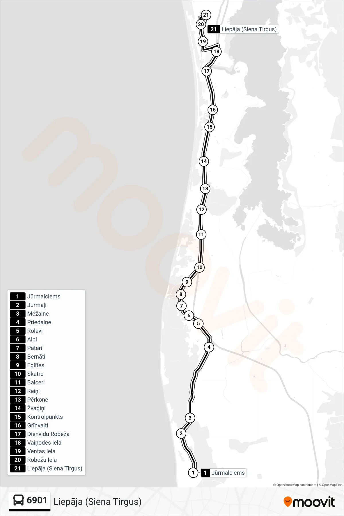 6901 bus Line (Liepāja (Siena Tirgus)) route and stops on a map