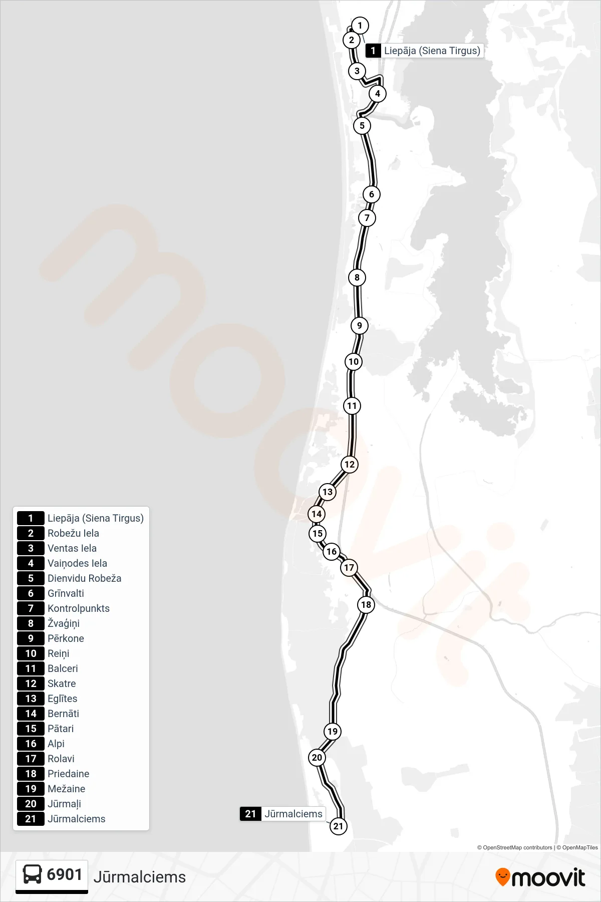 6901 bus Line (Jūrmalciems) route and stops on a map