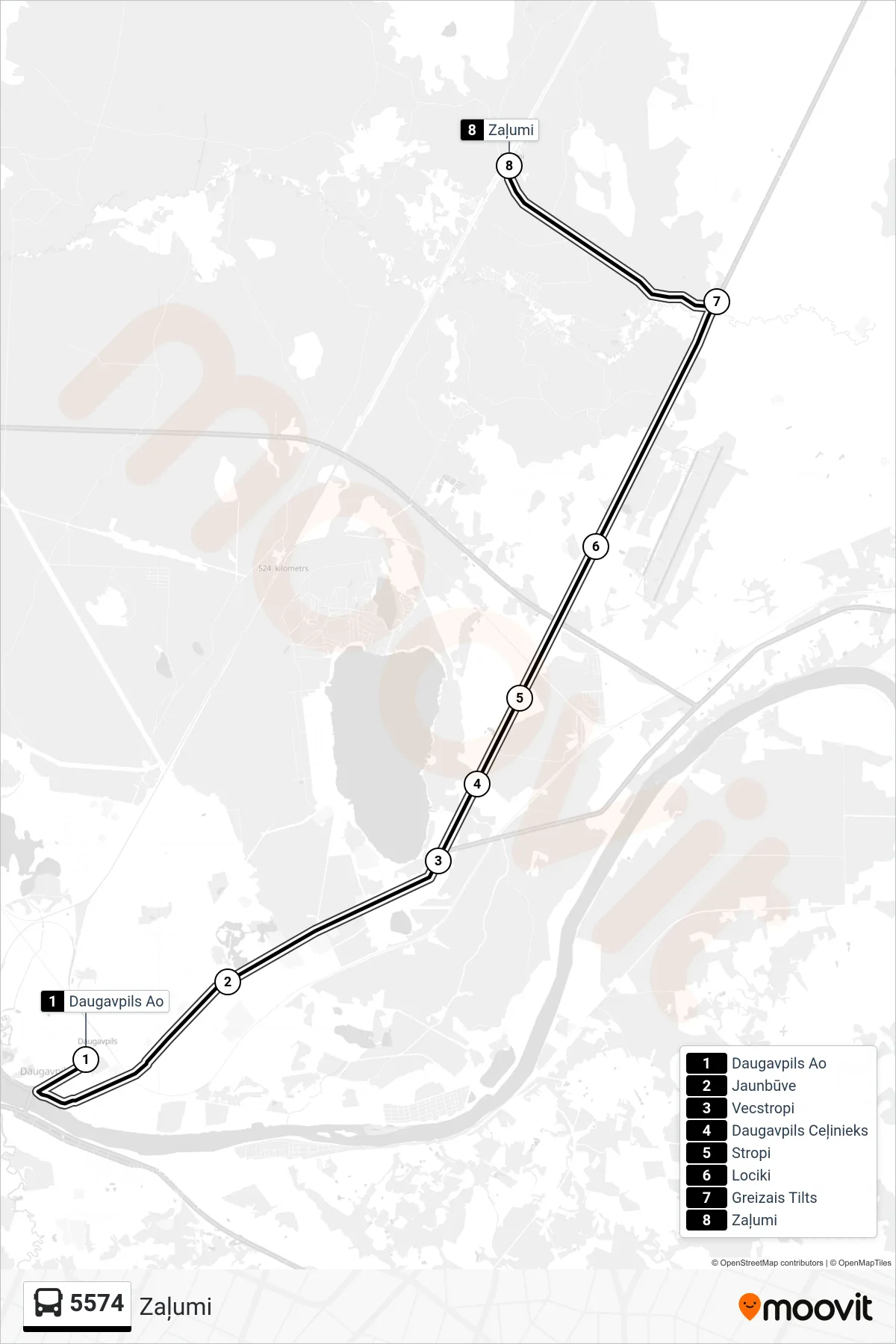 5574 bus Line (Zaļumi) route and stops on a map