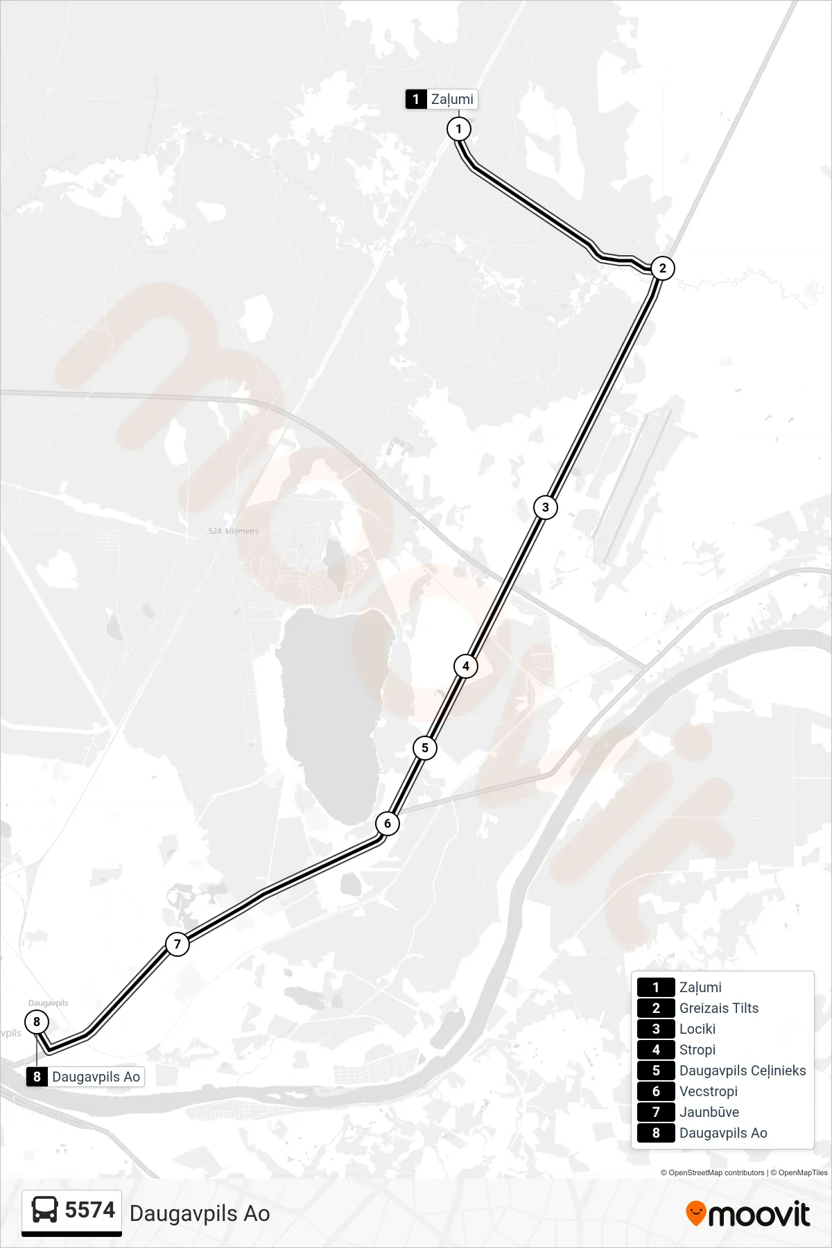 5574 bus Line (Daugavpils Ao) route and stops on a map