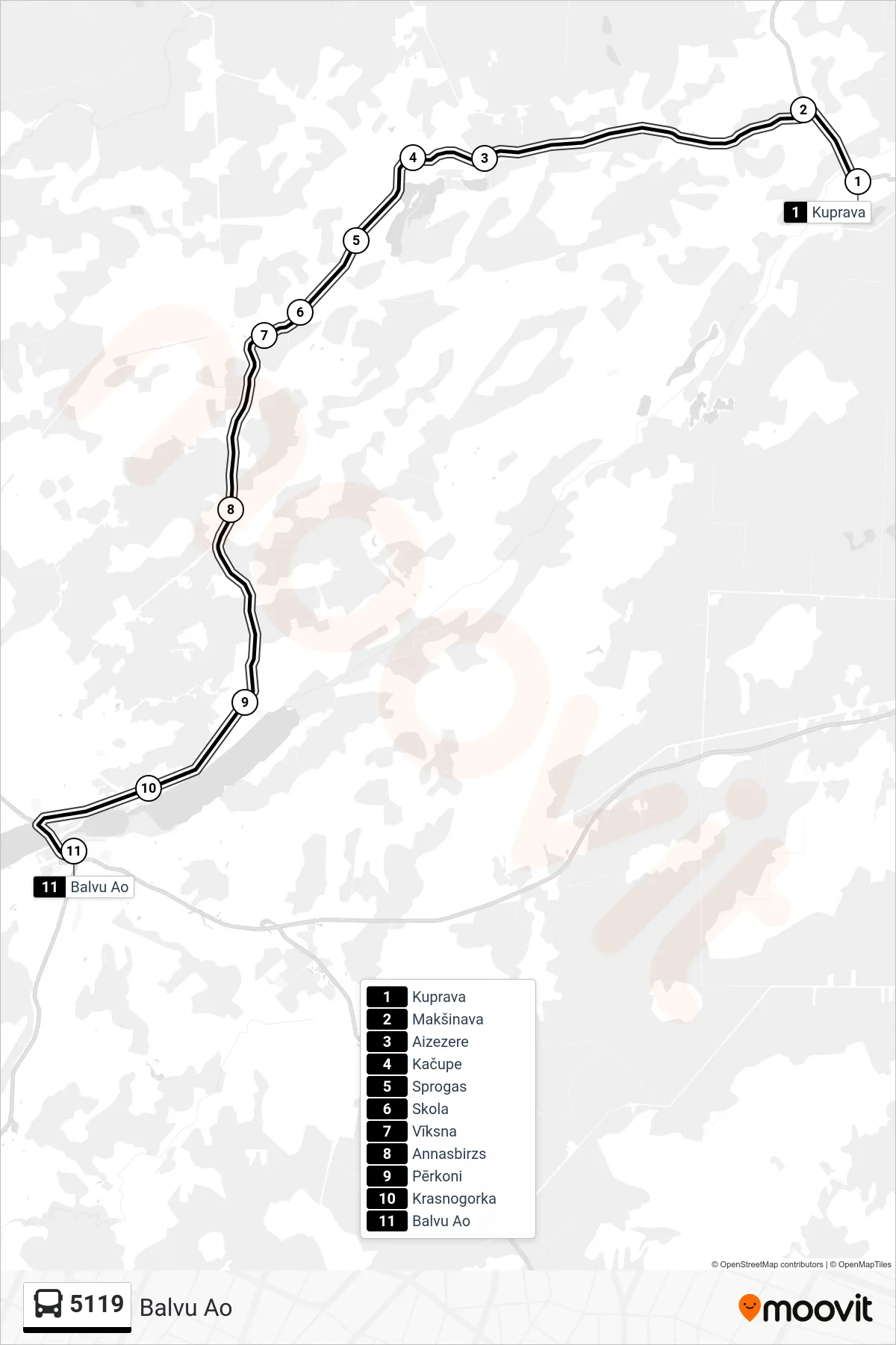 5119 bus Line (Balvu Ao) route and stops on a map