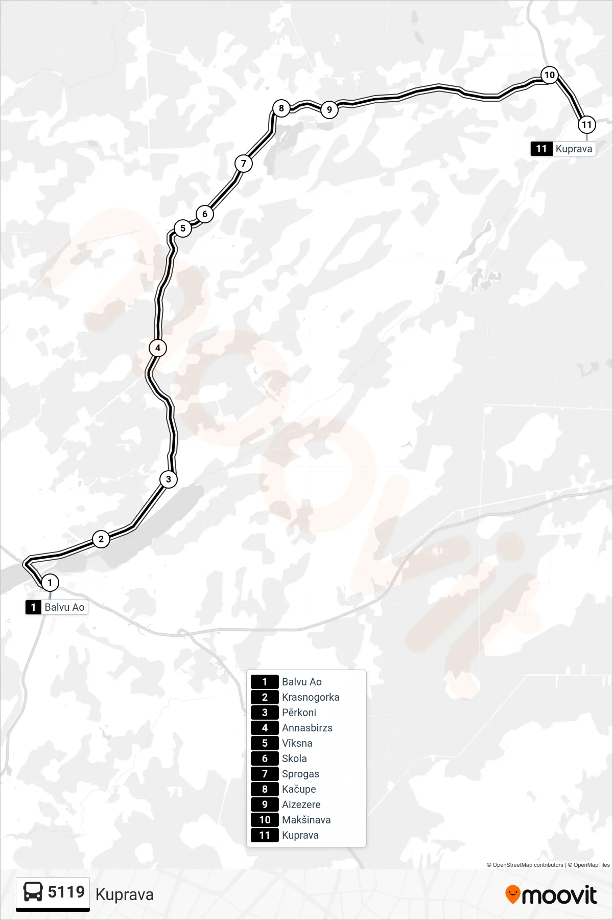 5119 bus Line (Kuprava) route and stops on a map